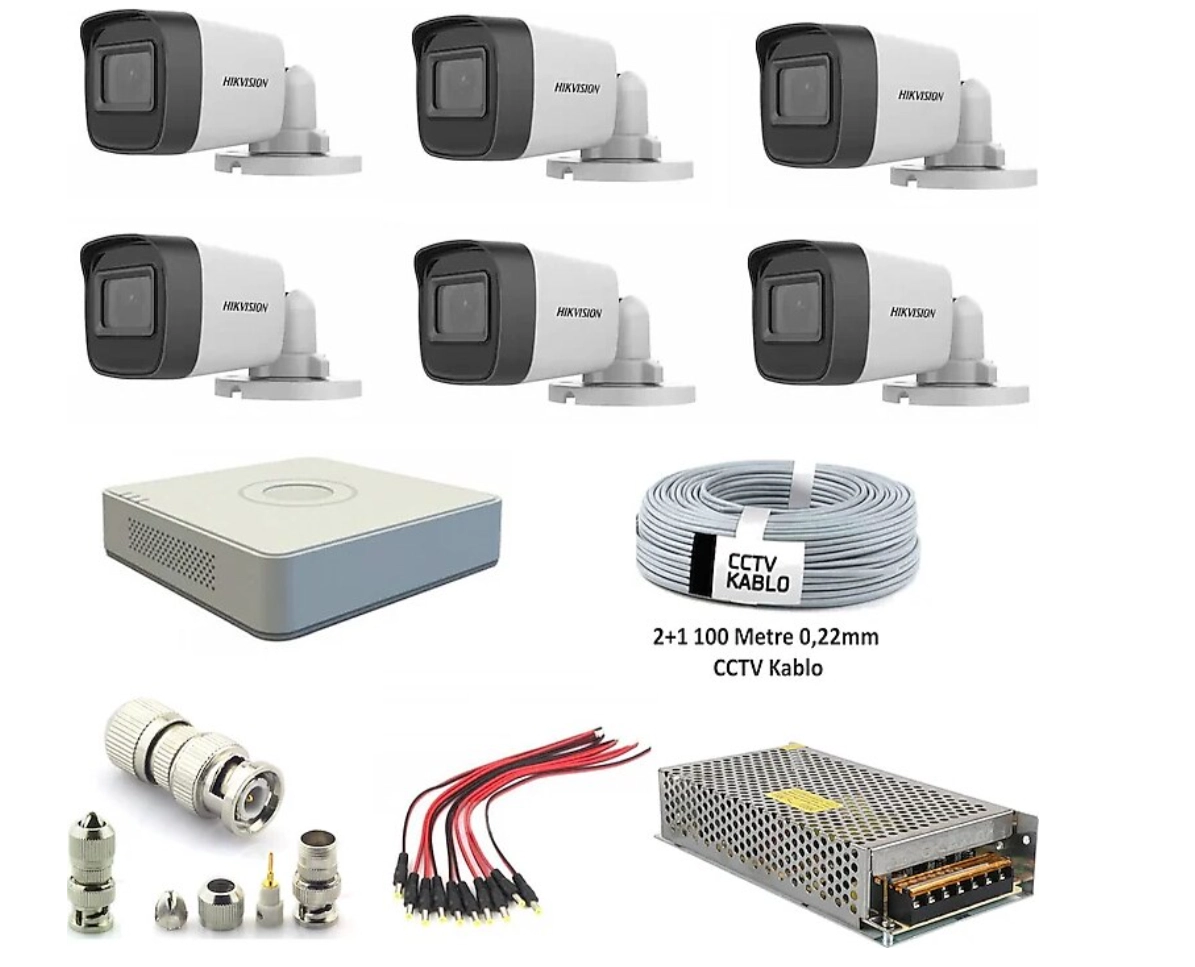 Hikvision DS-2CE16D0T-EXIPF 2 MP Full HD 1080P Bullet Güvenlik Kamera Seti 6'lı